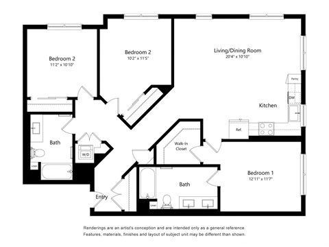 Floor plan for 3 beds, 2 baths, 1367 sqft